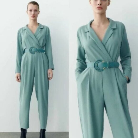 Zara Pants - Zara | Long Sleeve Lapel Collar Surplus V Neck Jumpsuit Dusty Green Blue